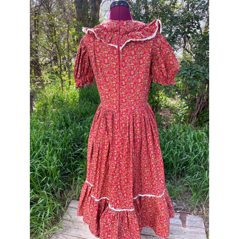Vintage 1970s Peasant Maxi Dress Burgundy Cotton Paisley Flare - Picture 3 of 16